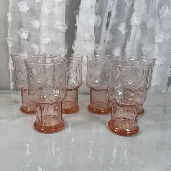 Set of 6 Libbey Pink Daisy Embossed Glasses Country Garden Pink Vintage 1970s